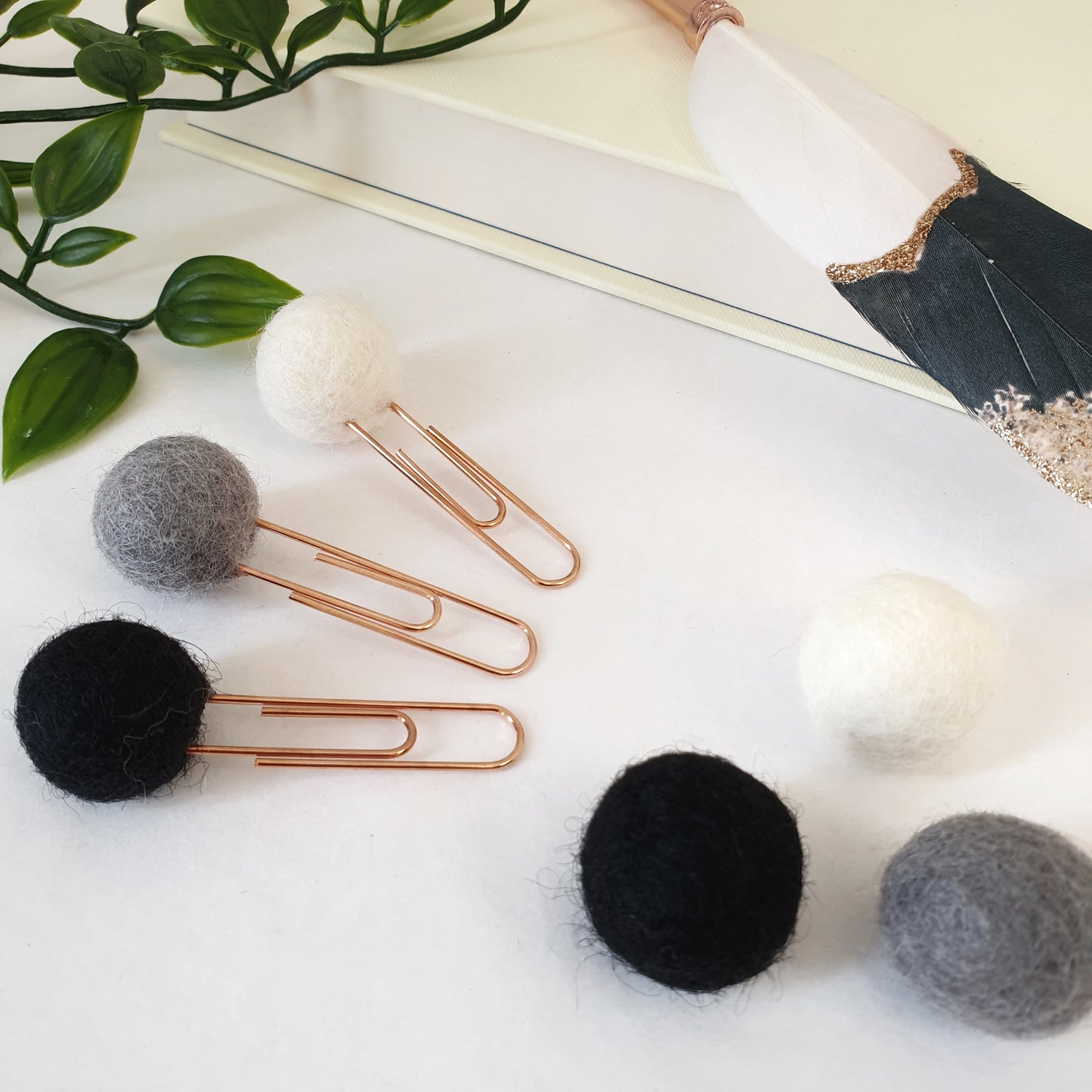 Monochrome Pom Pom Paperclips - Felt Ball Stationary Bookmarks