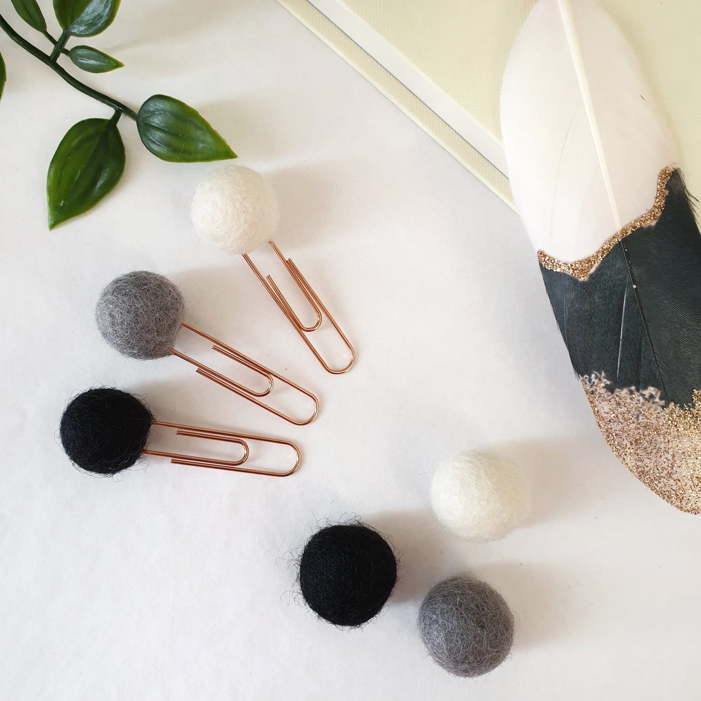 Monochrome Pom Pom Paperclips - Felt Ball Stationary Bookmarks