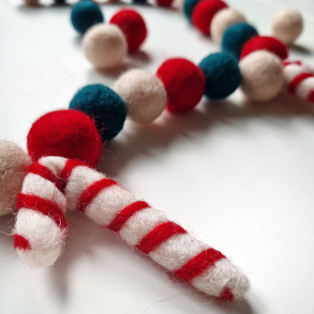 Christmas Candy Cane Pom Pom Garland - Felt Ball Nursery Decor