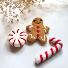 Load image into Gallery viewer, Felted Christmas Gingerbread, Candy Cane and Peppermint - Pack of 3