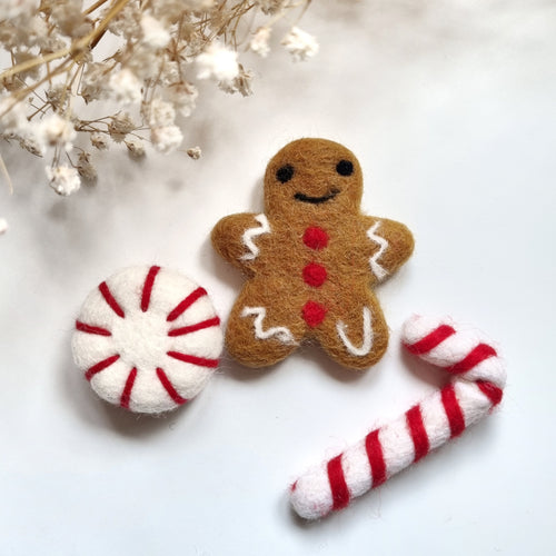 Felted Christmas Gingerbread, Candy Cane and Peppermint - Pack of 3