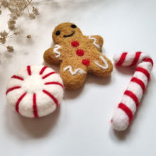 Load image into Gallery viewer, Felted Christmas Gingerbread, Candy Cane and Peppermint - Pack of 3
