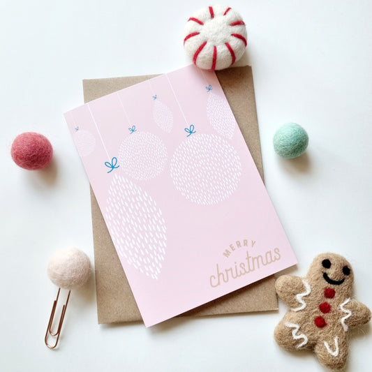 Christmas - A6 Merry Christmas Pastel Pink Baubles Greeting Card