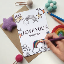 Load image into Gallery viewer, Colour Me In Personalised Mothers Day Rainbow Crown Design - A6 Greeting Card