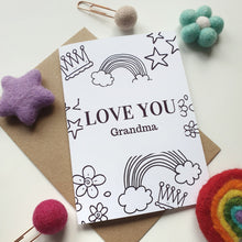 Load image into Gallery viewer, Colour Me In Personalised Mothers Day Rainbow Crown Design - A6 Greeting Card