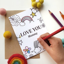 Load image into Gallery viewer, Colour Me In Personalised Mothers Day Rainbow Butterfly Design - A6 Greeting Card