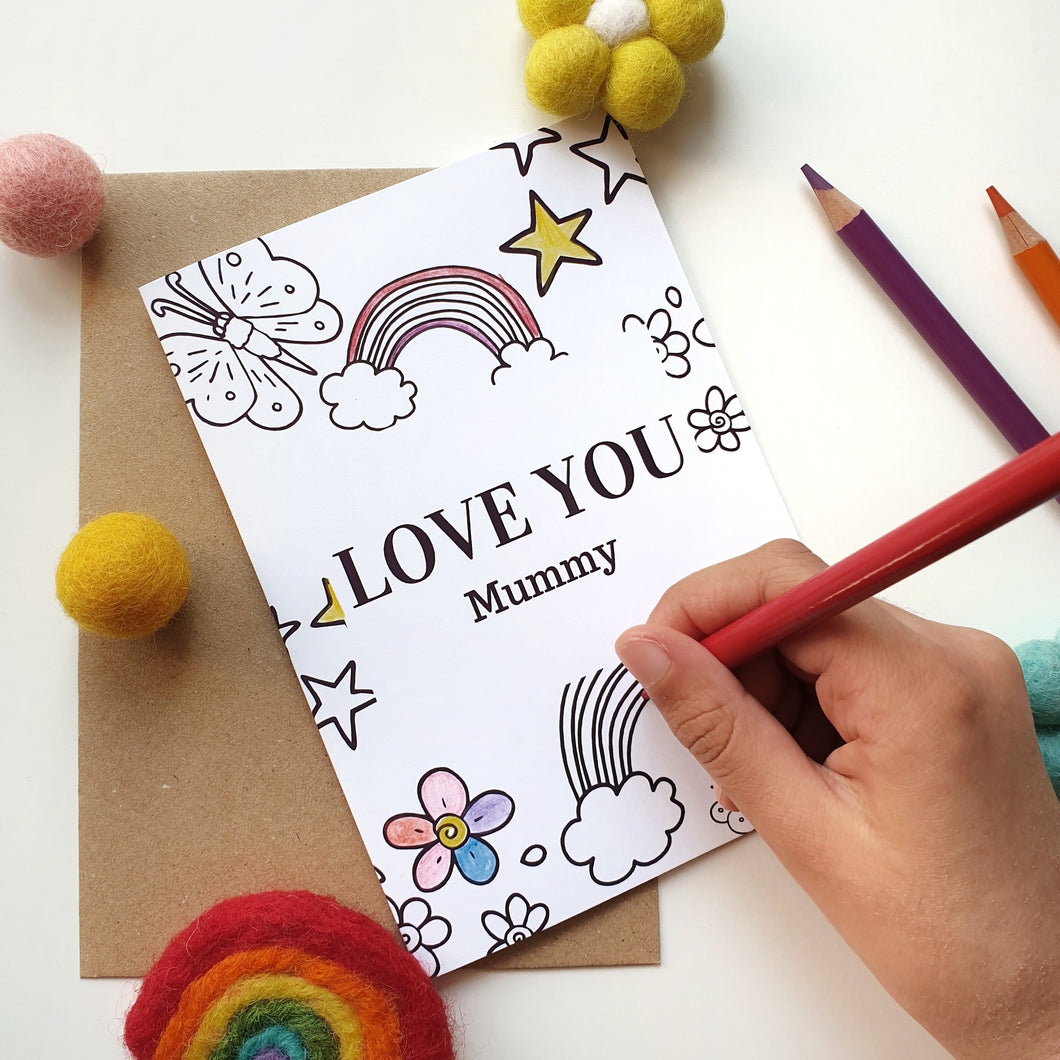 Colour Me In Personalised Mothers Day Rainbow Butterfly Design - A6 Greeting Card