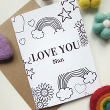 Load image into Gallery viewer, Colour Me In Personalised Mothers Day Rainbow Hearts Design - A6 Greeting Card