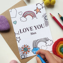 Load image into Gallery viewer, Colour Me In Personalised Mothers Day Rainbow Hearts Design - A6 Greeting Card