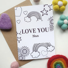 Load image into Gallery viewer, Colour Me In Personalised Mothers Day Rainbow Hearts Design - A6 Greeting Card